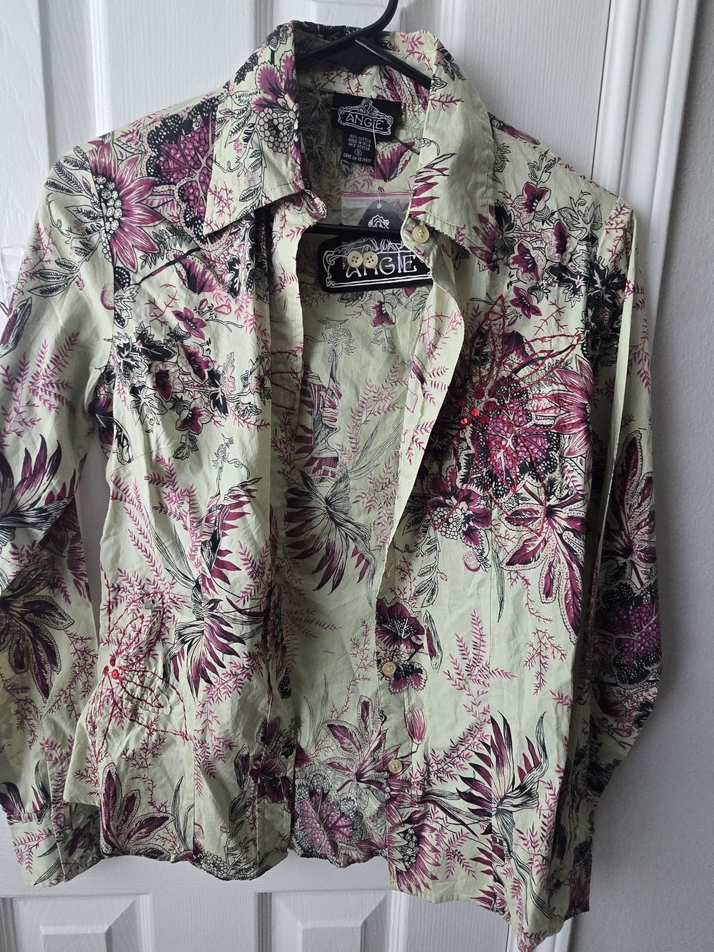 Angie Floral Button-Down Shirt in Light Green and Pink